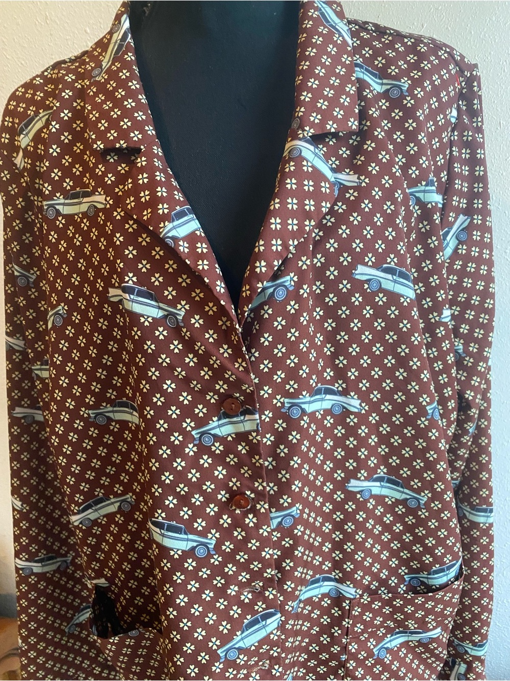 Eloquii Brown Classic Car & Floral Print Button Up Blouse